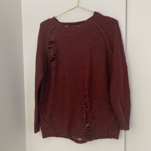 Burgundy Distressed Oversized Knit Sweater - Picture 2 of 11